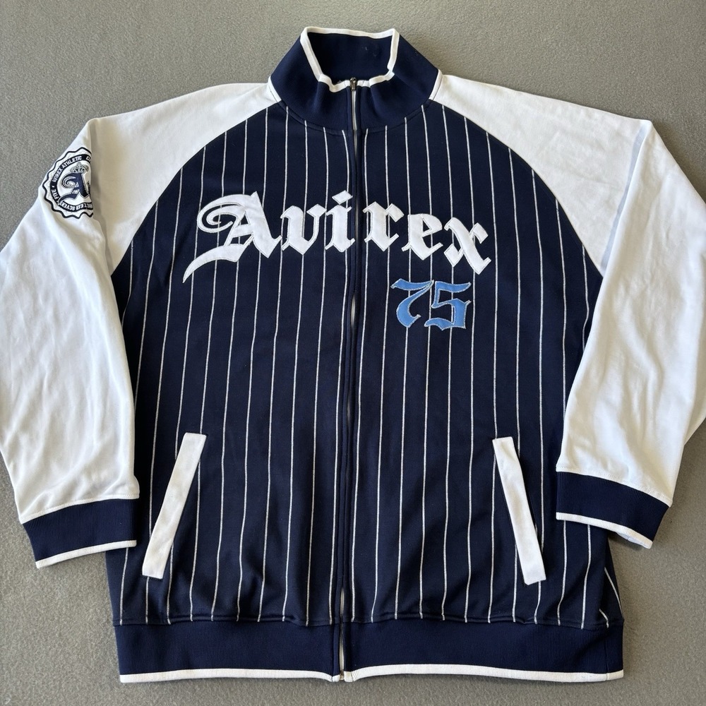 Avirex 75 Track Jacket Men's XL Navy White Pinstripe Y2K Hip Hop Full Zip 2000s